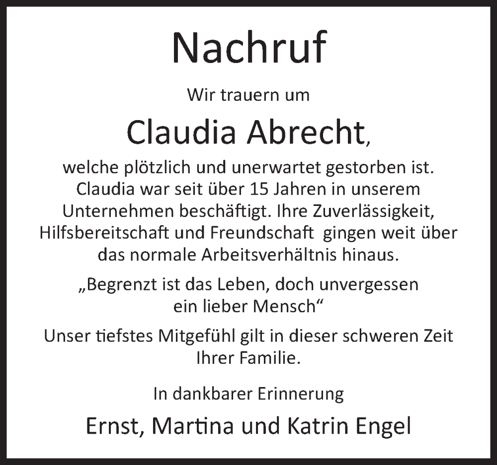  Traueranzeige für Claudia Abrecht vom 10.04.2024 aus WochenSpiegel