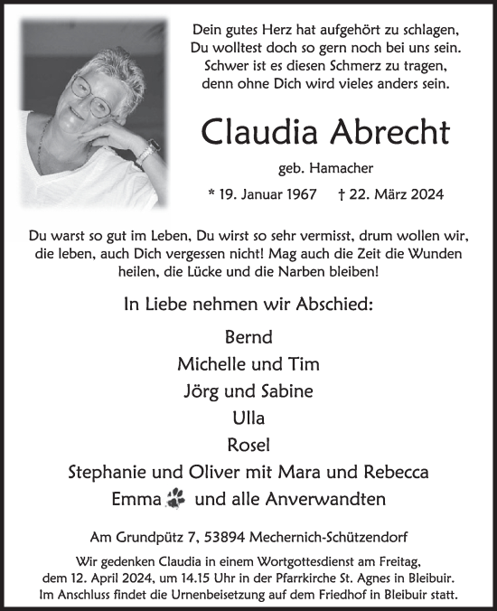 Traueranzeige von Claudia Abrecht von WochenSpiegel