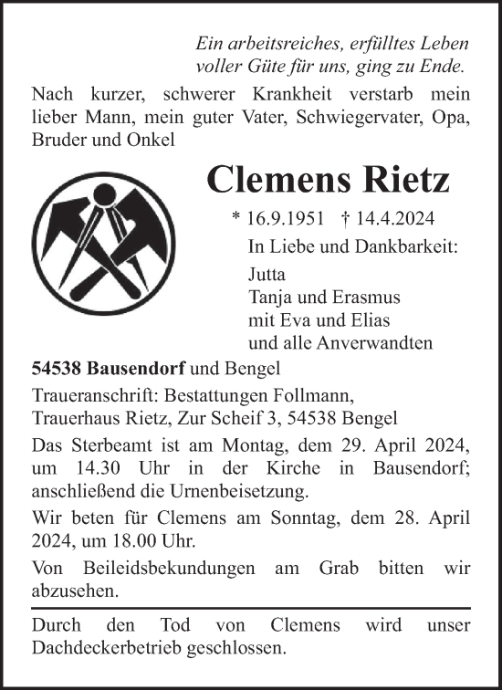 Traueranzeige von Clemens Rietz von WochenSpiegel