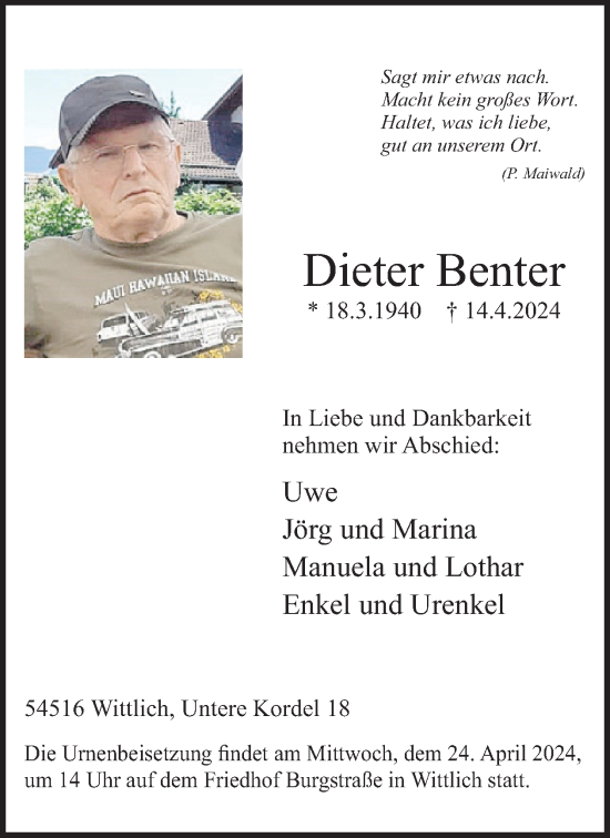 Traueranzeige von Dieter Benter von WochenSpiegel