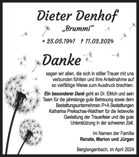 Traueranzeige von Dieter Denhof von WochenSpiegel