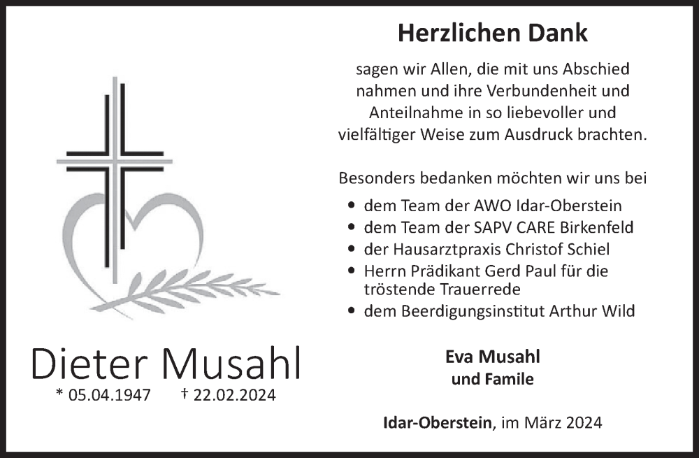  Traueranzeige für Dieter Musahl vom 06.04.2024 aus WochenSpiegel