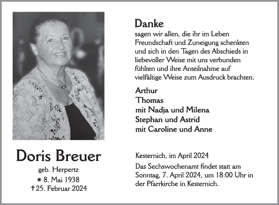 Traueranzeige von Doris Breuer von WochenSpiegel