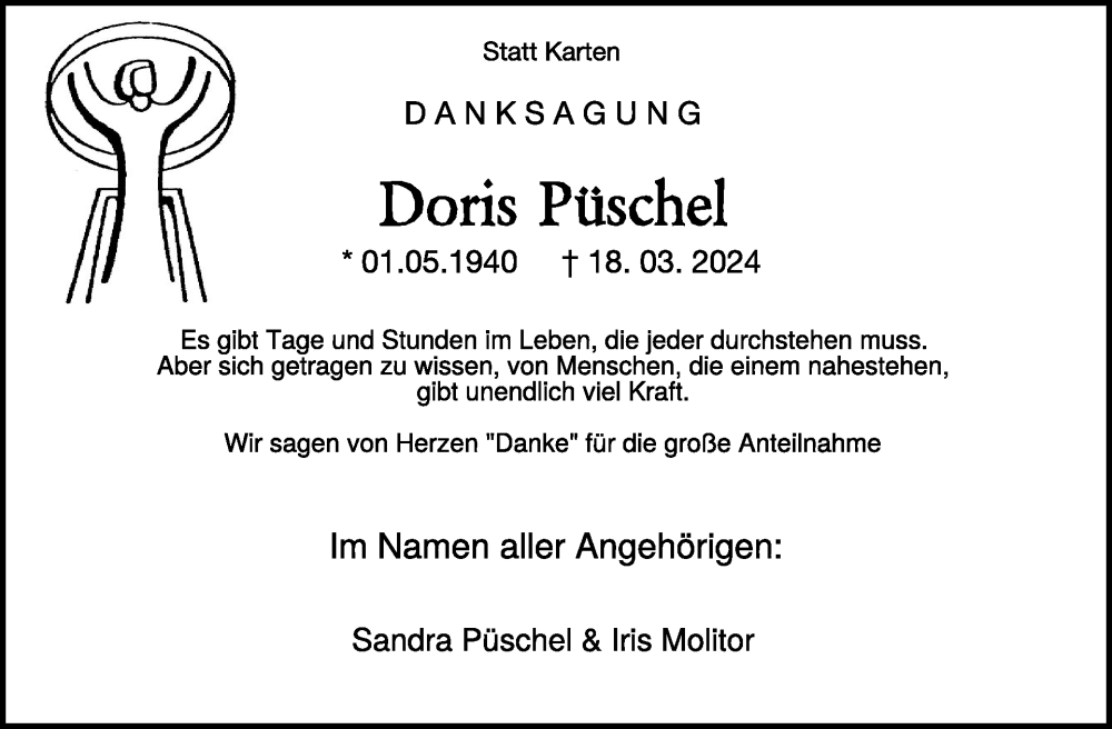  Traueranzeige für Doris Püschel vom 01.05.2024 aus WochenSpiegel