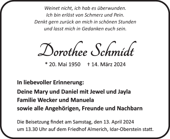 Traueranzeige von Dorothee Schmidt von WochenSpiegel