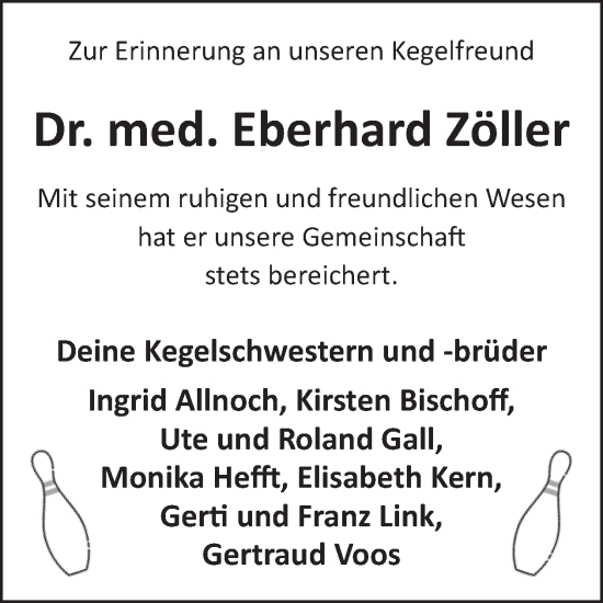 Traueranzeige von Eberhard Zöller von WochenSpiegel
