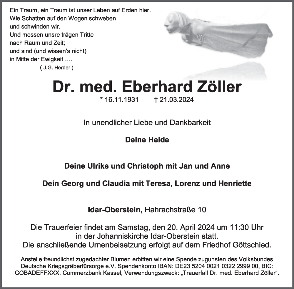  Traueranzeige für Eberhard Zöller vom 06.04.2024 aus WochenSpiegel