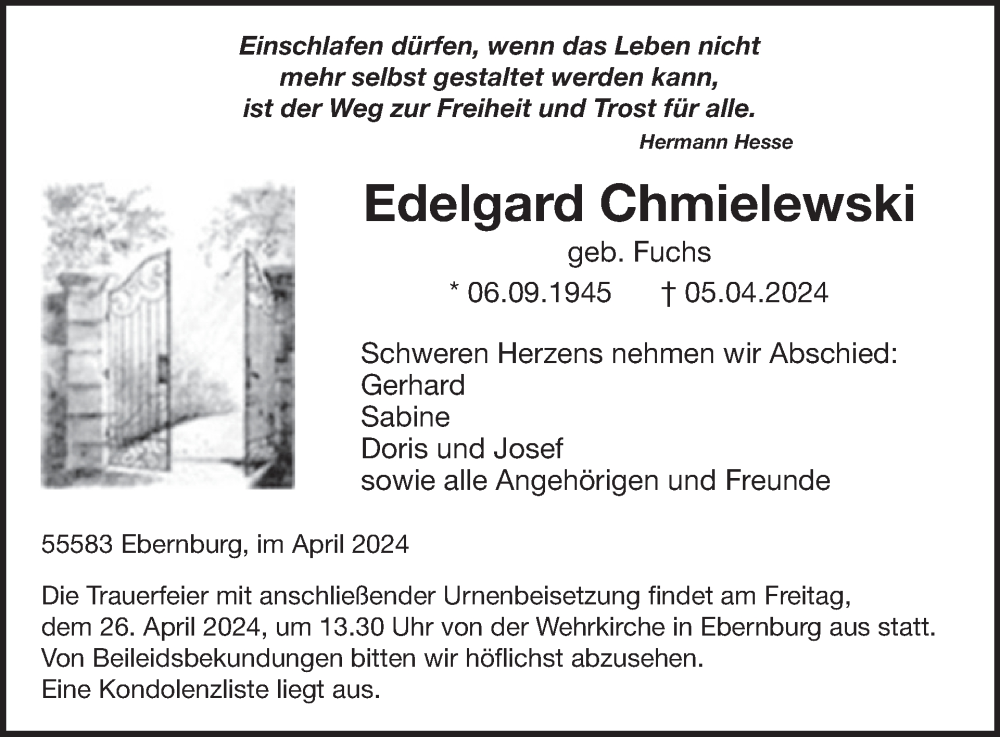  Traueranzeige für Edelgard Chmielewski vom 20.04.2024 aus WochenSpiegel