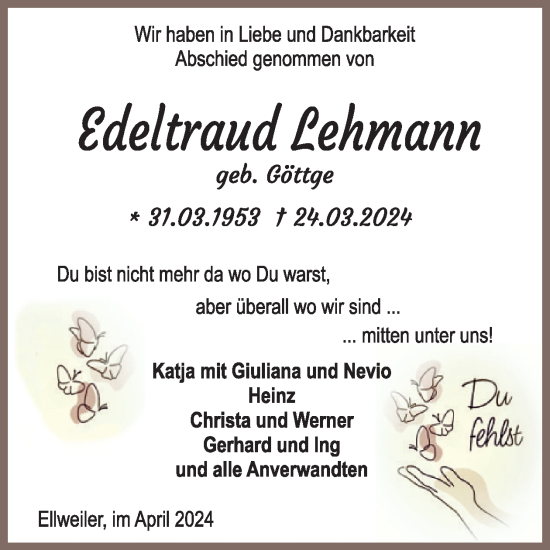 Traueranzeige von Edeltraud Lehmann von WochenSpiegel