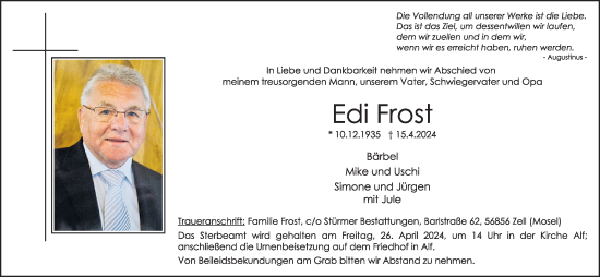 Traueranzeige von Edi Frost von WochenSpiegel