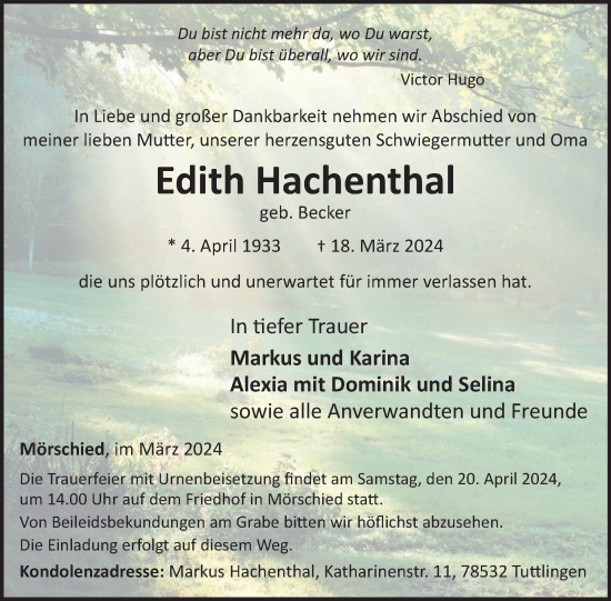Traueranzeige von Edith Hachenthal von WochenSpiegel