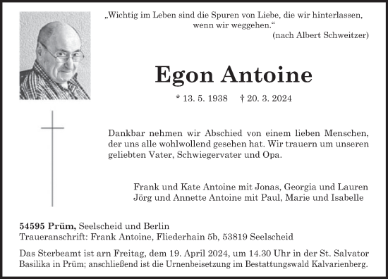 Traueranzeige von Egon Antoine von WochenSpiegel