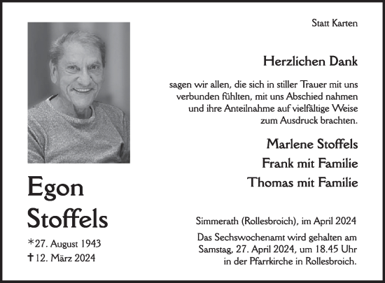Traueranzeige von Egon Stoffels von WochenSpiegel