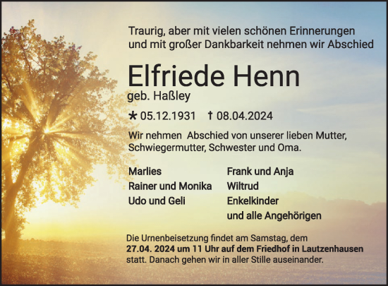 Traueranzeige von Elfriede Henn von WochenSpiegel