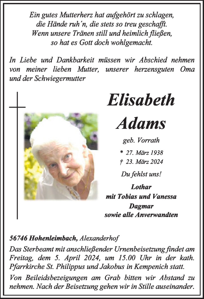  Traueranzeige für Elisabeth Adams vom 03.04.2024 aus WochenSpiegel