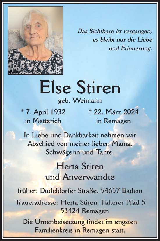 Traueranzeige von Else Stiren von WochenSpiegel