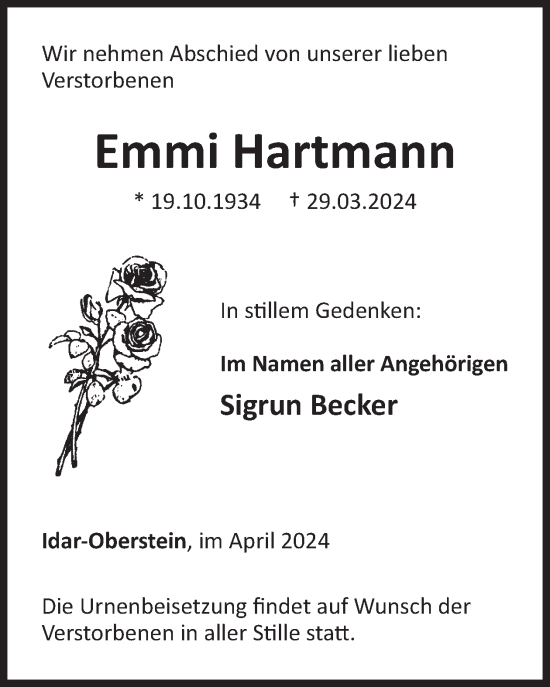 Traueranzeige von Emmi Hartmann von WochenSpiegel