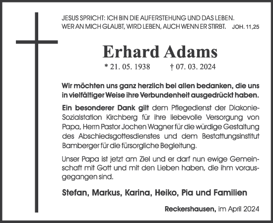 Traueranzeige von Erhard Adams von WochenSpiegel