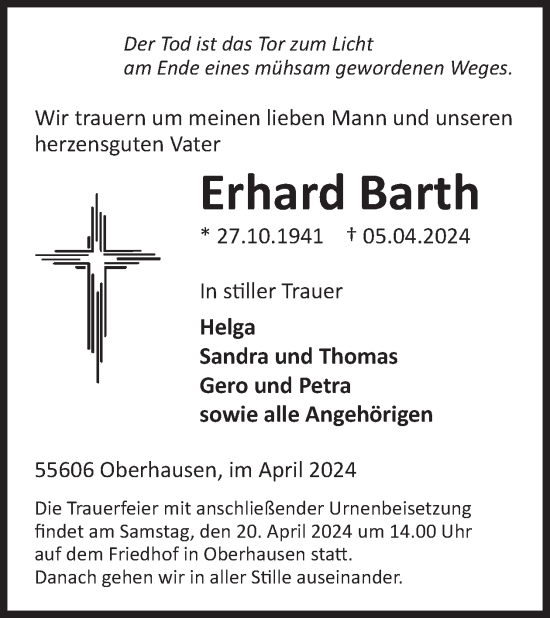 Traueranzeige von Erhard Barth von WochenSpiegel
