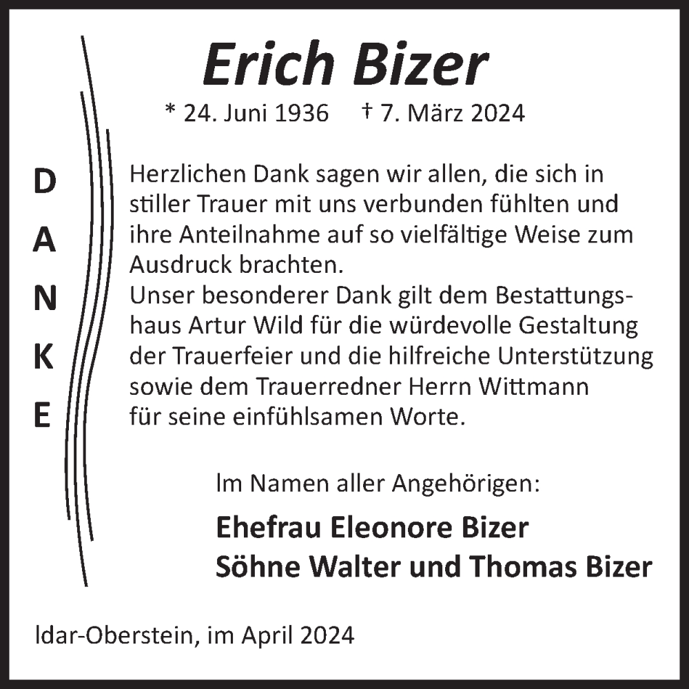  Traueranzeige für Erich Bizer vom 20.04.2024 aus WochenSpiegel