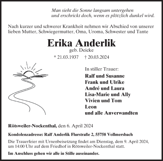 Traueranzeige von Erika Anderlik von WochenSpiegel