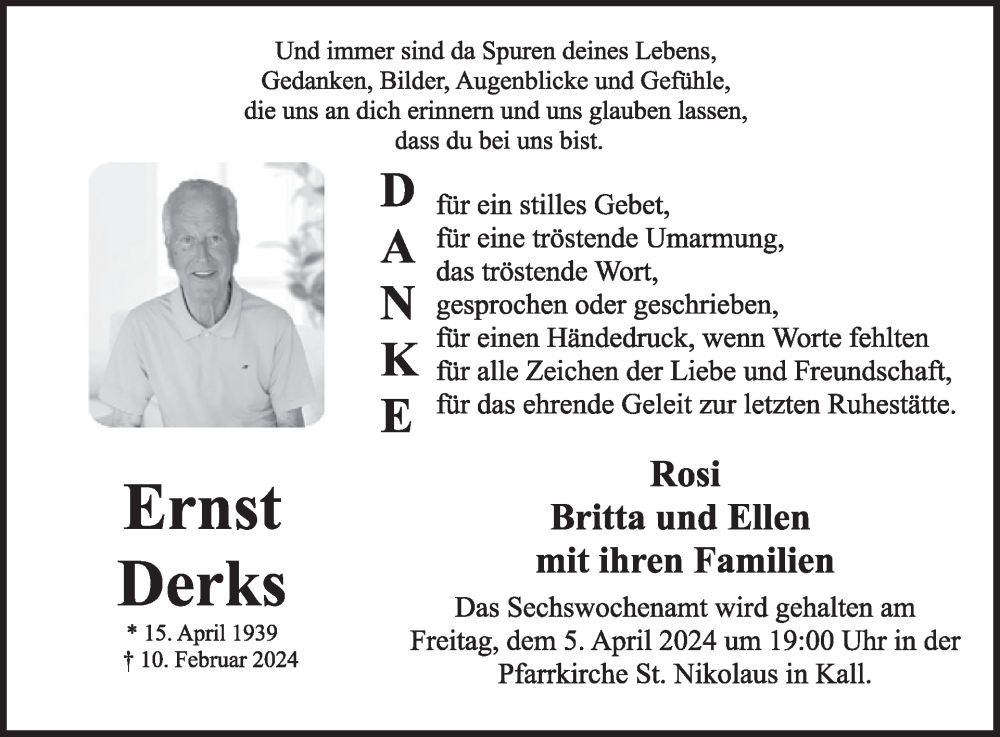  Traueranzeige für Ernst Derks vom 03.04.2024 aus WochenSpiegel