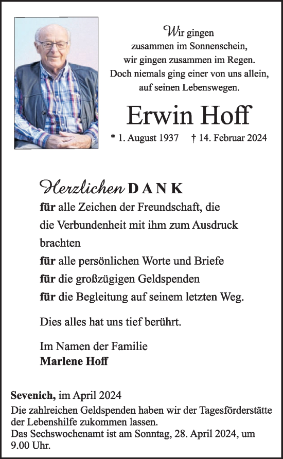 Traueranzeige von Erwin Hoff von WochenSpiegel
