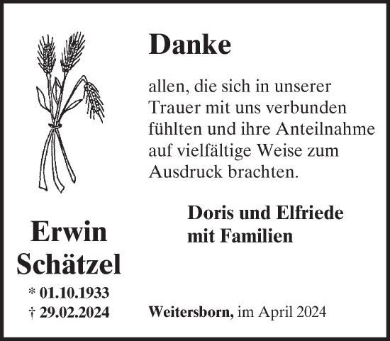 Traueranzeige von Erwin Schätzel von WochenSpiegel