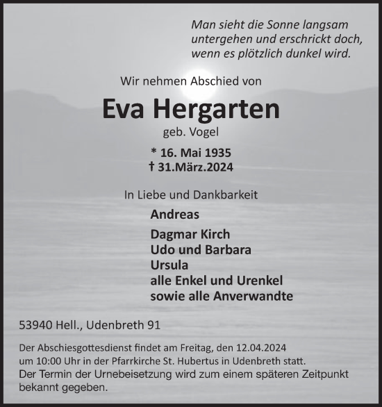 Traueranzeige von Eva Hergarten von WochenSpiegel