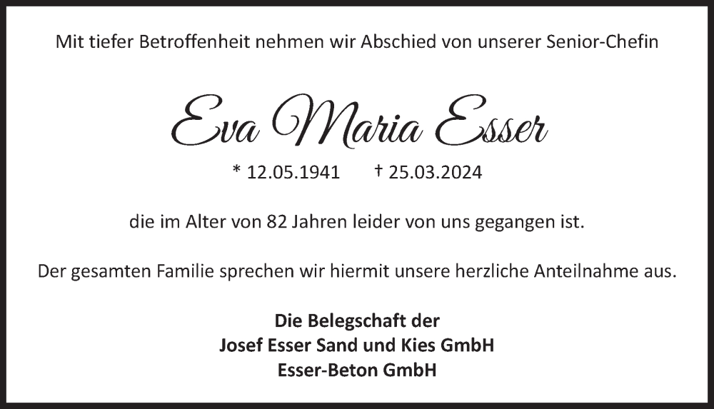  Traueranzeige für Eva Maria Esser vom 10.04.2024 aus WochenSpiegel