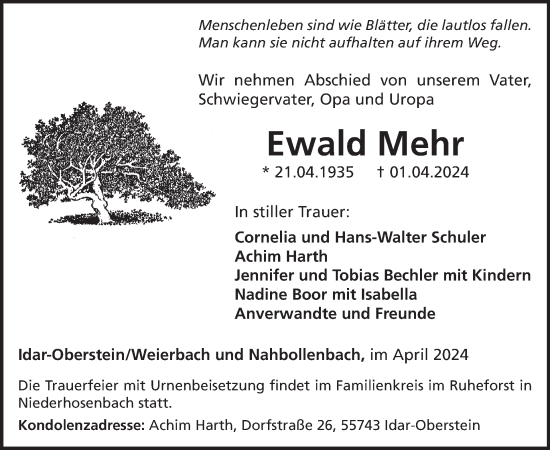 Traueranzeige von Ewald Mehr von WochenSpiegel
