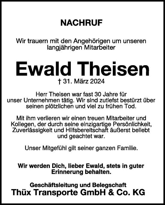 Traueranzeige von Ewald Theisen von WochenSpiegel
