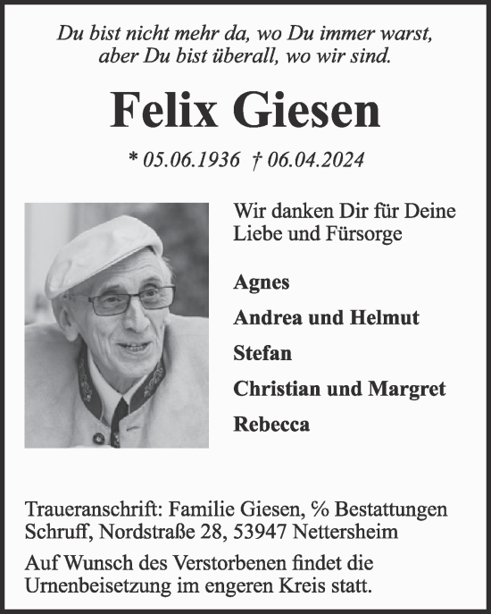 Traueranzeige von Felix Giesen von WochenSpiegel