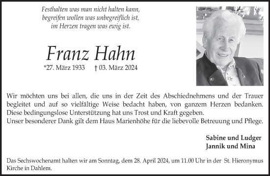 Traueranzeige von Franz Hahn von WochenSpiegel
