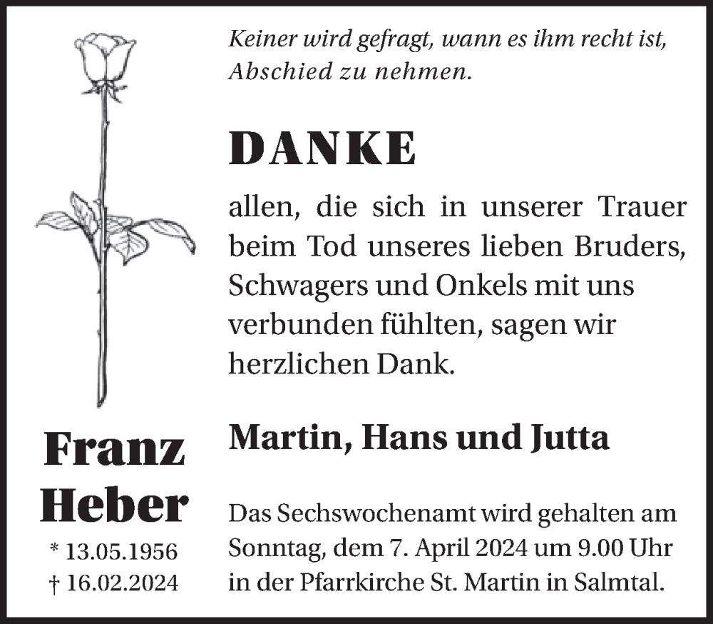  Traueranzeige für Franz Heber vom 05.04.2024 aus WochenSpiegel