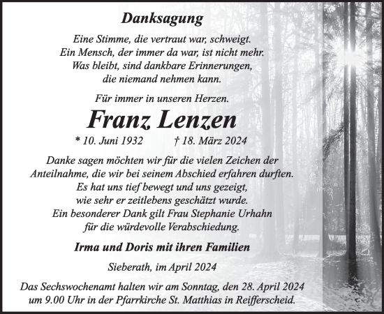 Traueranzeige von Franz Lenzen von WochenSpiegel