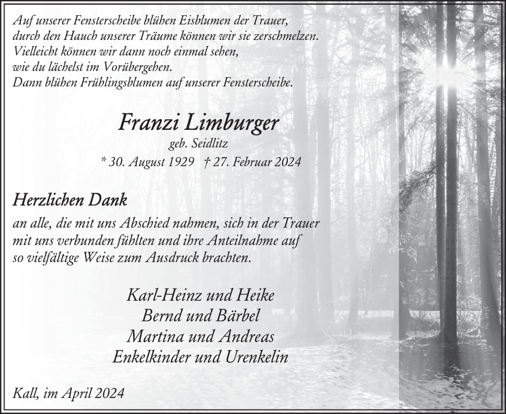  Traueranzeige für Franzi Limburger vom 10.04.2024 aus WochenSpiegel