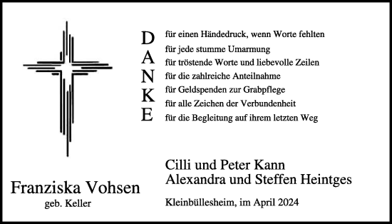 Traueranzeige von Franziska Vohsen von WochenSpiegel