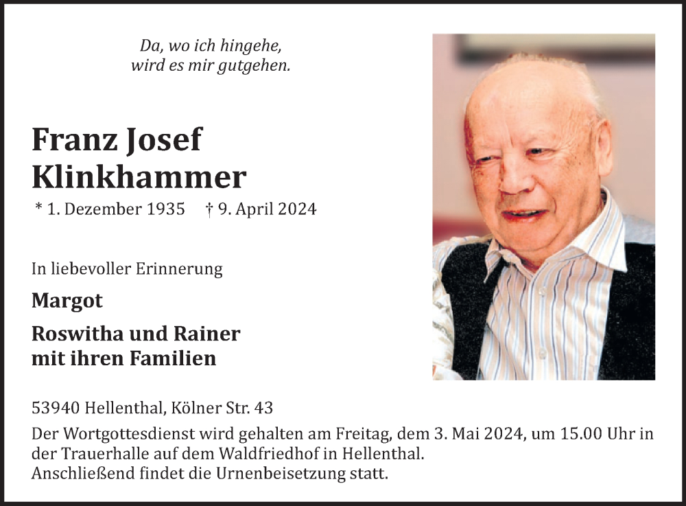  Traueranzeige für Franz Josef Klinkhammer vom 01.05.2024 aus WochenSpiegel