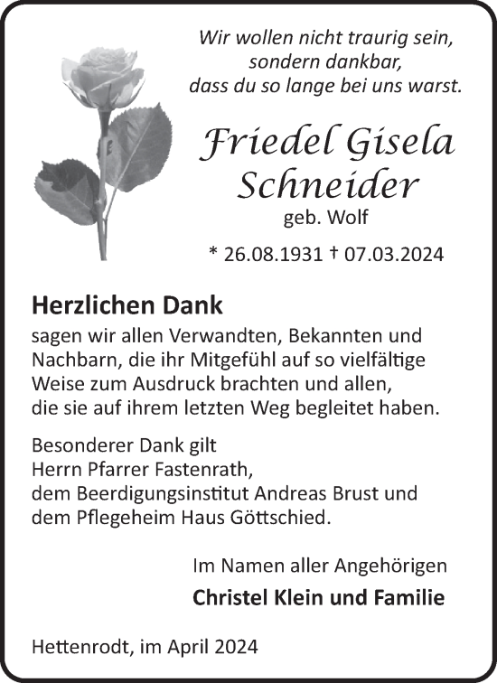 Traueranzeige von Friedel Gisela Schneider von WochenSpiegel