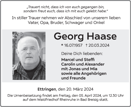 Traueranzeige von Georg Haase von WochenSpiegel