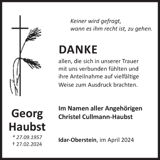 Traueranzeige von Georg Haubst von WochenSpiegel
