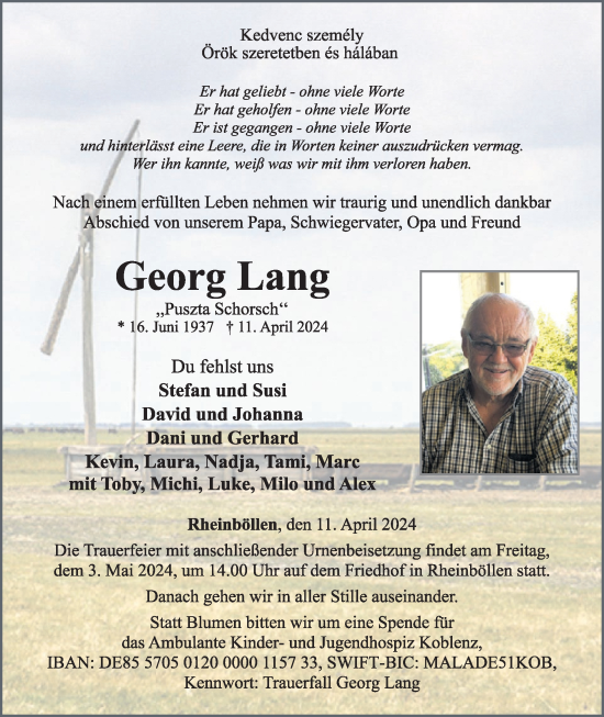 Traueranzeige von Georg Lang von WochenSpiegel