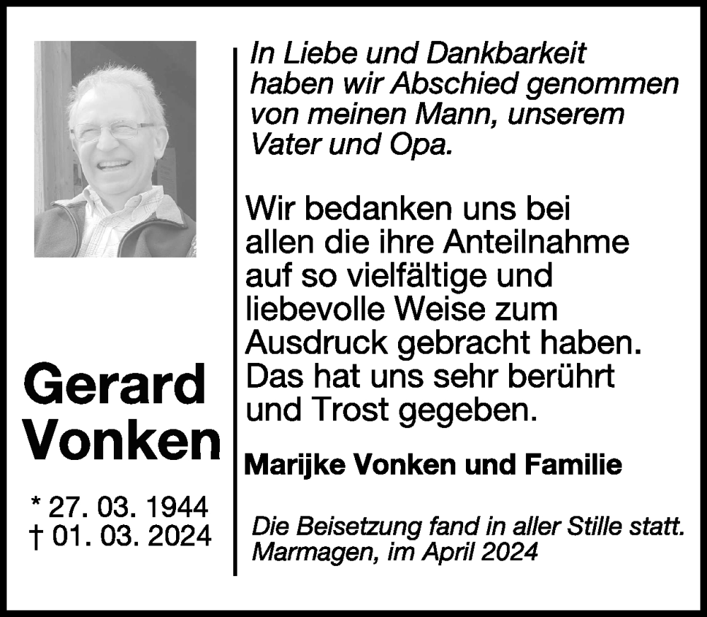  Traueranzeige für Gerard Vonken vom 10.04.2024 aus WochenSpiegel