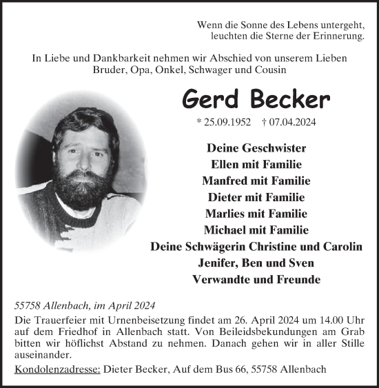 Traueranzeige von Gerd Becker von WochenSpiegel
