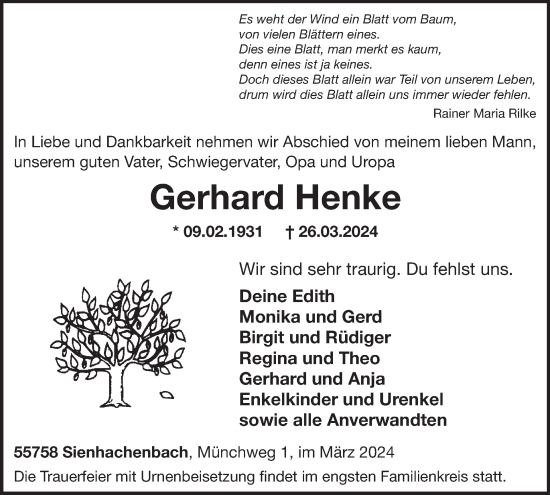 Traueranzeige von Gerhard Henke von WochenSpiegel