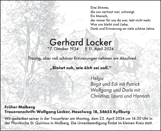 Traueranzeige von Gerhard Locker von WochenSpiegel