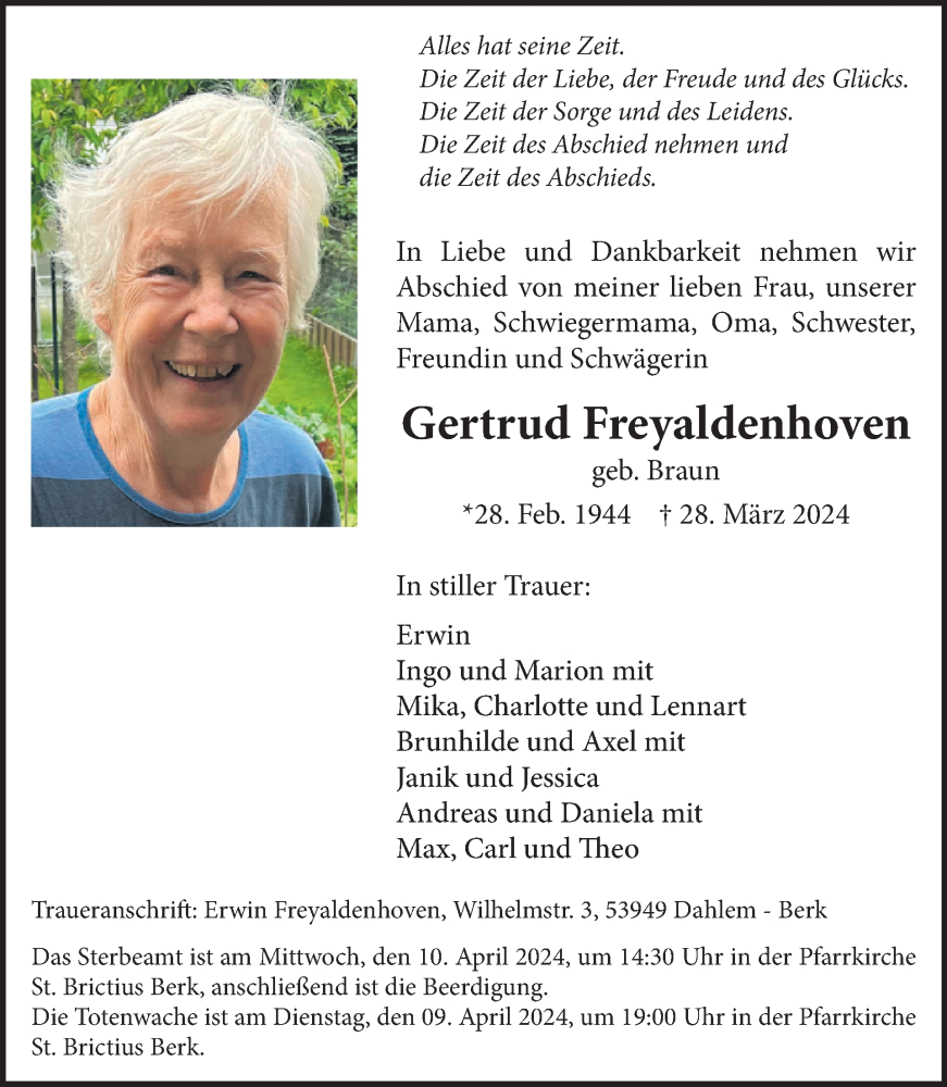  Traueranzeige für Gertrud Freyaldenhoven vom 03.04.2024 aus WochenSpiegel