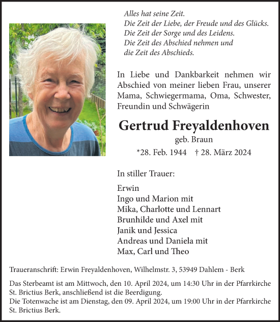 Traueranzeige von Gertrud Freyaldenhoven von WochenSpiegel