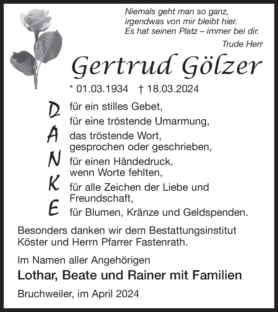  Traueranzeige für Gertrud Gölzer vom 27.04.2024 aus WochenSpiegel